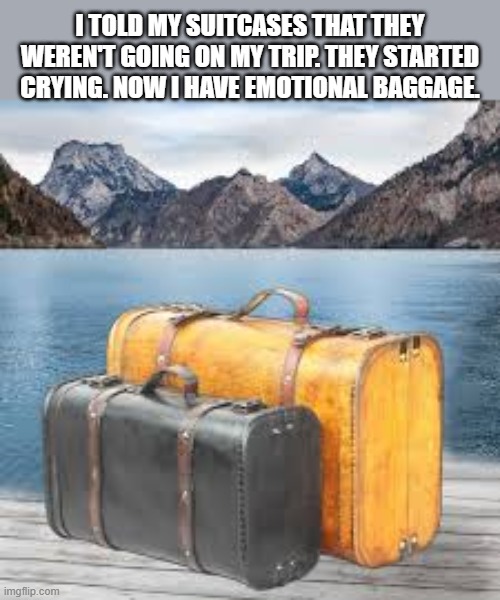 I left my suitcases at home. They cried. Now I have emotional baggage. | I told my suitcases that they weren't going on my trip. They started crying. Now I have emotional baggage. | image tagged in funny,humor,suitcase,play on words,funny meme | made w/ Imgflip meme maker