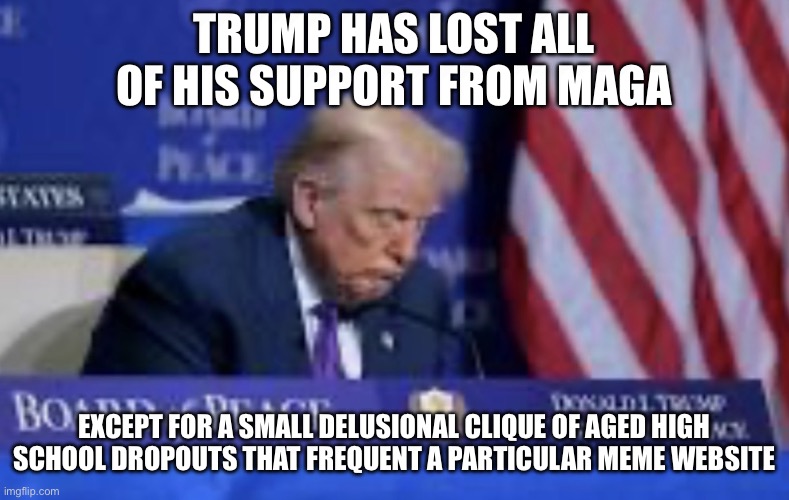 Trump Board of Peace -ful sleep | Trump has lost all of his support from maga; Except for a small delusional clique of aged high school dropouts that frequent a particular meme website | image tagged in trump board of peace -ful sleep | made w/ Imgflip meme maker