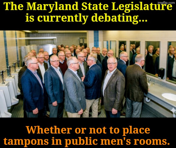 Libtards on Parade! | The Maryland State Legislature is currently debating... Whether or not to place tampons in public men's rooms. | made w/ Imgflip meme maker