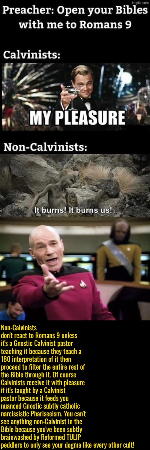 That reaction is only when Calvinists incorrectly teach it then filter the rest of scripture through it | Non-Calvinists don't react to Romans 9 unless it's a Gnostic Calvinist pastor teaching it because they teach a 180 interpretation of it then proceed to filter the entire rest of the Bible through it. Of course Calvinists receive it with pleasure if it's taught by a Calvinist pastor because it feeds you nuanced Gnostic subtly catholic narcissistic Phariseeism. You can't see anything non-Calvinist in the Bible because you've been subtly brainwashed by Reformed TULIP peddlers to only see your dogma like every other cult! | image tagged in calvinism,calvinist memes,reformed theology,anti calvinism,fake people,hypocrites | made w/ Imgflip meme maker