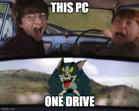 Two men in a car driving away from tom on a rocket | this pc; one drive | image tagged in two men in a car driving away from tom on a rocket | made w/ Imgflip meme maker