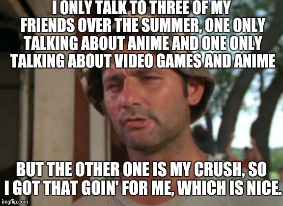 Anime and video games aren't that bad of subjects, regardless. | I ONLY TALK TO THREE OF MY FRIENDS OVER THE SUMMER, ONE ONLY TALKING ABOUT ANIME AND ONE ONLY TALKING ABOUT VIDEO GAMES AND ANIME BUT THE OT | image tagged in memes,so i got that goin for me which is nice | made w/ Imgflip meme maker