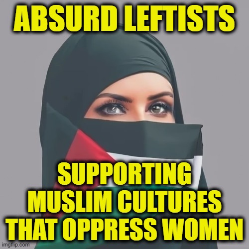 More Leftist Logic | Absurd Leftists; Supporting
muslim cultures
that oppress women | image tagged in leftists | made w/ Imgflip meme maker