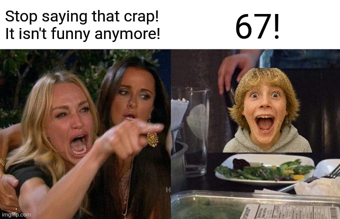 Woman Yelling At Cat Meme | Stop saying that crap! It isn't funny anymore! 67! | image tagged in memes,67,points | made w/ Imgflip meme maker