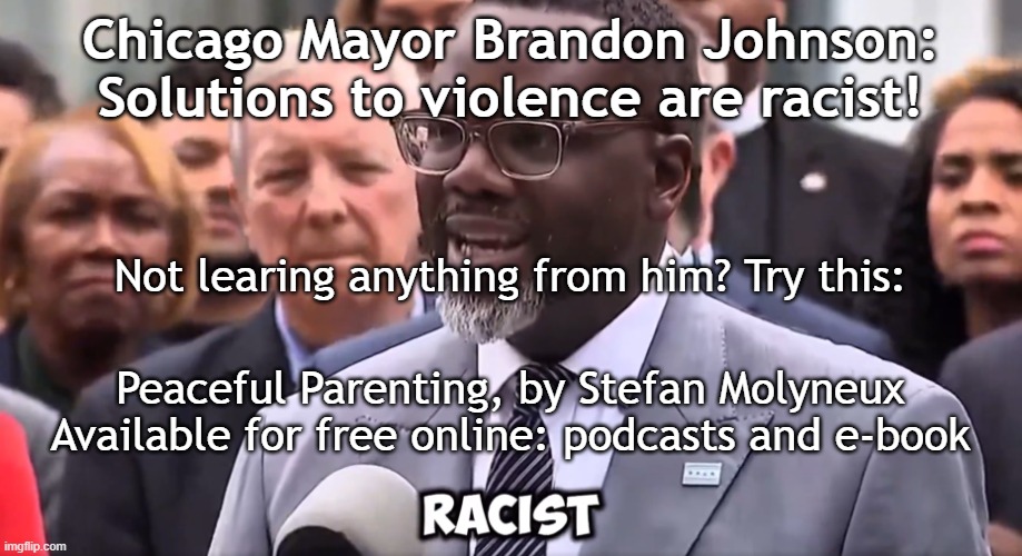 Peaceful Parenting, by Stefan Molyneux, is available for free | Chicago Mayor Brandon Johnson:
Solutions to violence are racist! Not learing anything from him? Try this:; Peaceful Parenting, by Stefan Molyneux
Available for free online: podcasts and e-book | image tagged in peaceful,parenting,solution,violence,chicago,america | made w/ Imgflip meme maker