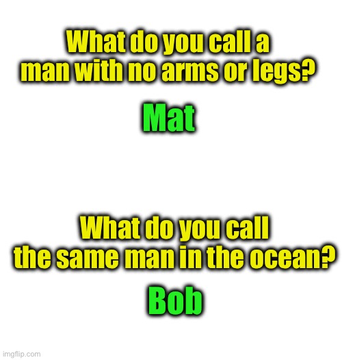 Blank White Template | What do you call a man with no arms or legs? Bob Mat What do you call the same man in the ocean? | image tagged in blank white template | made w/ Imgflip meme maker