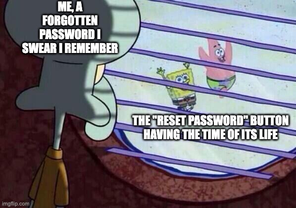 Squidward window | ME, A FORGOTTEN PASSWORD I SWEAR I REMEMBER; THE "RESET PASSWORD" BUTTON HAVING THE TIME OF ITS LIFE | image tagged in squidward window | made w/ Imgflip meme maker