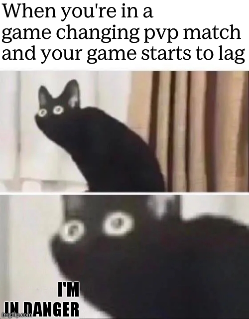 Lag | When you're in a game changing pvp match and your game starts to lag; I'm in danger | image tagged in oh no black cat,minecraft,minecraft memes | made w/ Imgflip meme maker