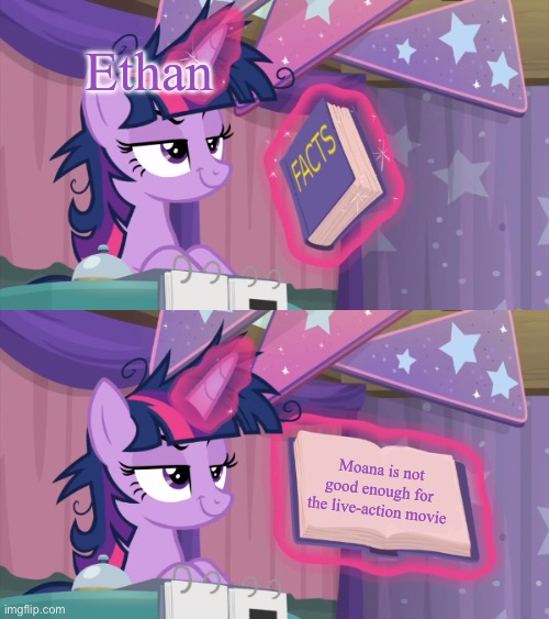 Twilight Sparkle is hating Disney Live Action Moana movie | Ethan; Moana is not good enough for the live-action movie | image tagged in twilight's fact book remastered | made w/ Imgflip meme maker