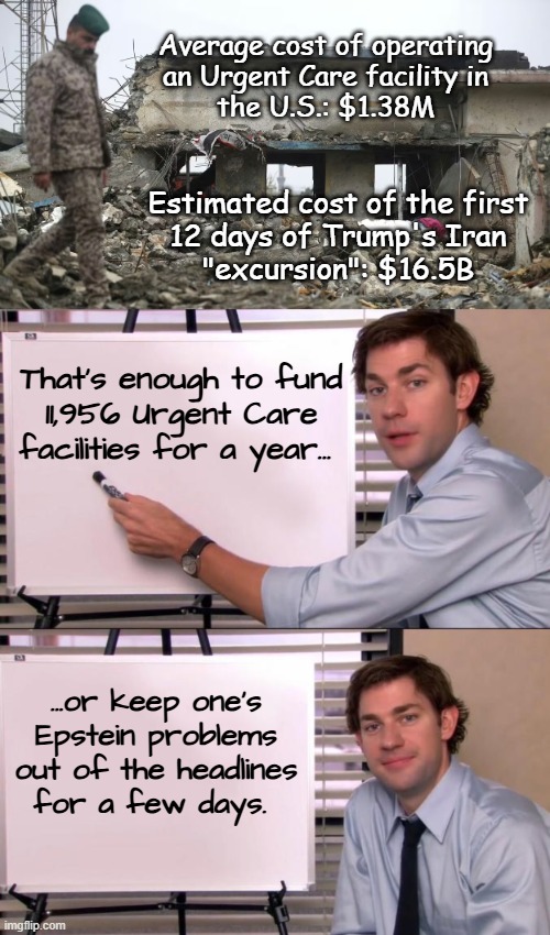 Just sayin' | Average cost of operating
an Urgent Care facility in
the U.S.: $1.38M; Estimated cost of the first
12 days of Trump's Iran
"excursion": $16.5B; That's enough to fund
11,956 Urgent Care
facilities for a year... ...or keep one's
Epstein problems
out of the headlines
for a few days. | image tagged in iran war,jim halpert explains,emergency care,just sayin',war of distraction | made w/ Imgflip meme maker