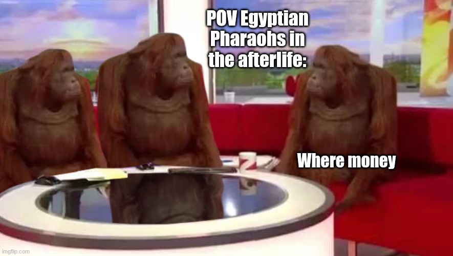 The riches don't go with them unfortunately :( | POV Egyptian Pharaohs in the afterlife:; Where money | image tagged in where monkey,egypt,afterlife | made w/ Imgflip meme maker