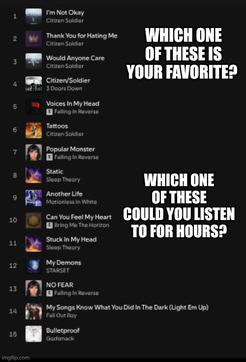 Which one of these is your favorite? Which one of these could you listen to for hours? | made w/ Imgflip meme maker