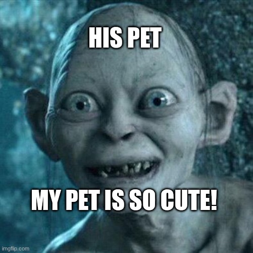 Excited Gollum | his pet; my pet is so cute! | image tagged in excited gollum | made w/ Imgflip meme maker