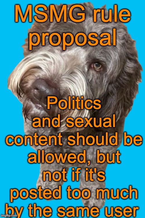 I need Andrew's opinion though | MSMG rule proposal; Politics and sexual content should be allowed, but not if it's posted too much by the same user | image tagged in northers dog transparent | made w/ Imgflip meme maker