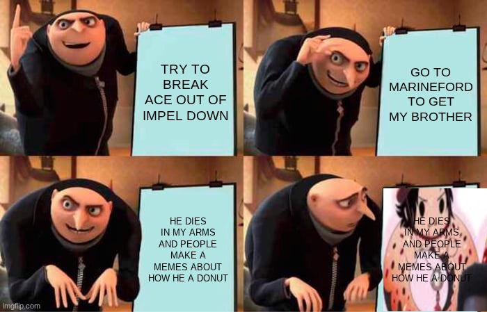 Gru's Plan | TRY TO BREAK ACE OUT OF IMPEL DOWN; GO TO MARINEFORD TO GET MY BROTHER; HE DIES IN MY ARMS AND PEOPLE MAKE A MEMES ABOUT HOW HE A DONUT; HE DIES IN MY ARMS AND PEOPLE MAKE A MEMES ABOUT HOW HE A DONUT | image tagged in memes,gru's plan | made w/ Imgflip meme maker