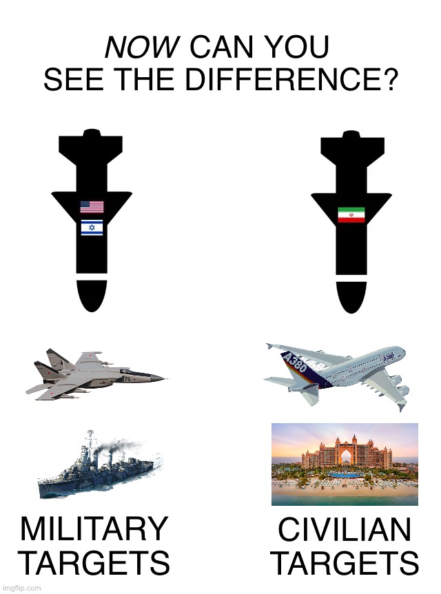 Put On Your Glasses, Libs | Now; can you see the difference? Military targets; Civilian targets | image tagged in memes,politics,funny,trump,iran,spot the difference | made w/ Imgflip meme maker
