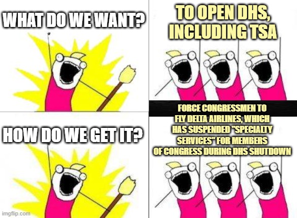 Hit 'em Where it Hurts | what do we want? to open dhs, including tsa; force congressmen to fly delta airlines, which has suspended "specialty services" for members of congress during DHS SHUTDOWN; how do we get it? | image tagged in what do we want,dhs,tsa,congress,shutdown | made w/ Imgflip meme maker