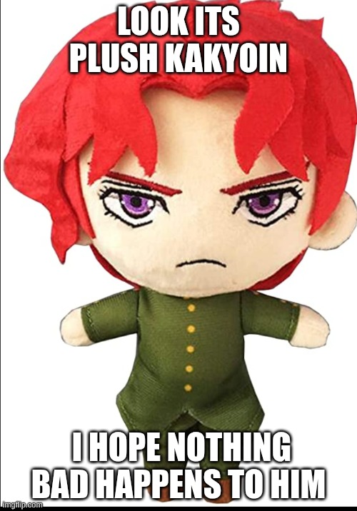 plush kakyoin | look its plush kakyoin; I hope nothing bad happens to him | image tagged in plush kakyoin,jojo's bizarre adventure | made w/ Imgflip meme maker