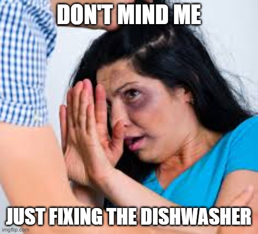 Broken Dishwasher | don't mind me; just fixing the dishwasher | image tagged in abused | made w/ Imgflip meme maker