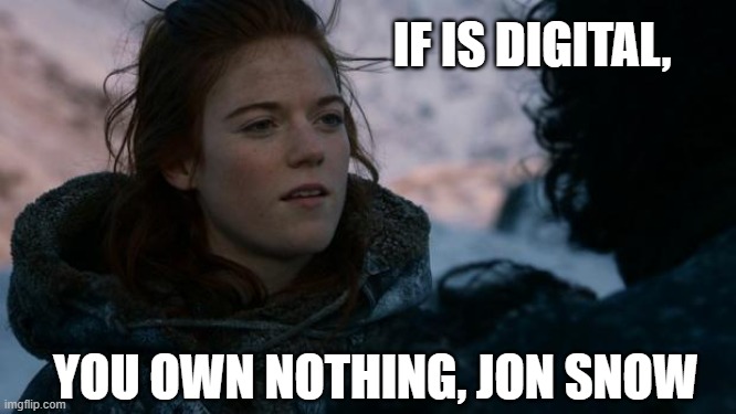 No digital ownership in technofeudalism | IF IS DIGITAL, YOU OWN NOTHING, JON SNOW | image tagged in ygritte you know nothing | made w/ Imgflip meme maker