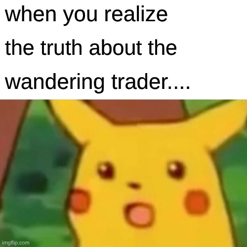 Surprised Pikachu Meme | when you realize the truth about the wandering trader.... | image tagged in memes,surprised pikachu | made w/ Imgflip meme maker