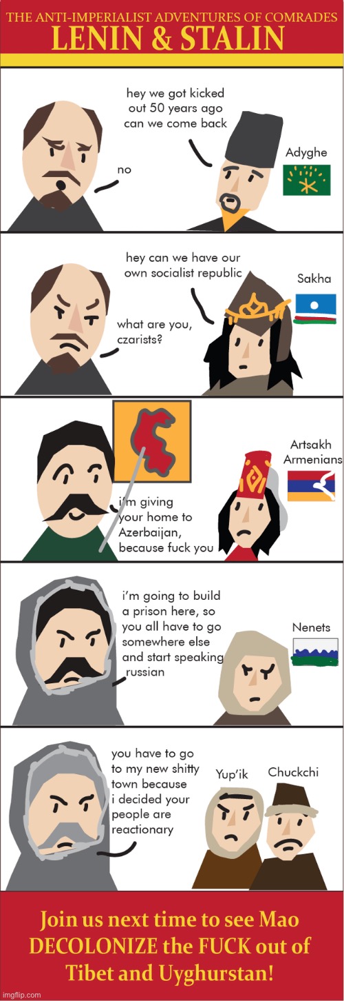 The Anti-Imperialist Adventures of Comrades Lenin & Stalin (the art style is based tho) | image tagged in communism,communists,stalin,lenin,satire,cartoon | made w/ Imgflip meme maker