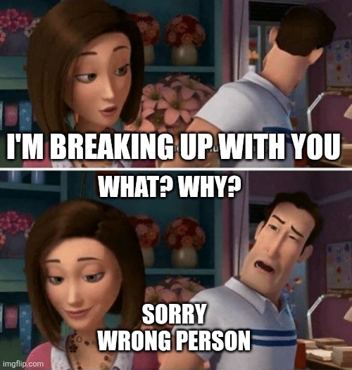 Flawed Logic | I'm breaking up with you; What? Why? Sorry wrong person | image tagged in flawed logic,cheating,oh naw,why are you reading the tags,i am speed | made w/ Imgflip meme maker