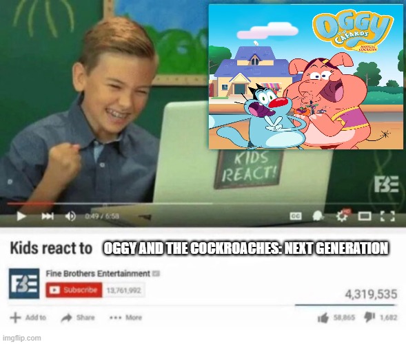 meow | Oggy and the cockroaches: Next Generation | image tagged in kids react to | made w/ Imgflip meme maker
