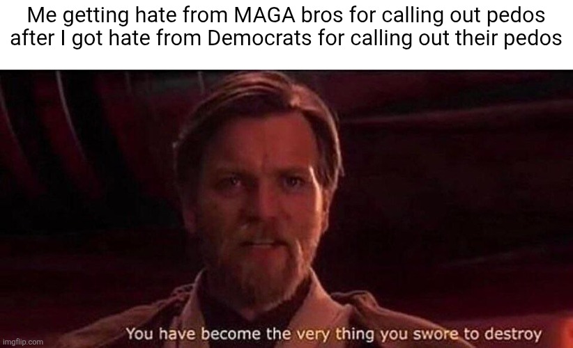 Republicans have become just as bad as Democrats who didn't like to admit they have pedos in their party | Me getting hate from MAGA bros for calling out pedos after I got hate from Democrats for calling out their pedos | image tagged in you've become the very thing you swore to destroy,maga,conservative hypocrisy,pedophiles | made w/ Imgflip meme maker