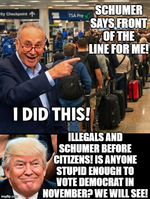 Schumer says front of the line for me! | Schumer says front of the line for me! Illegals and Schumer before citizens! is anyone stupid enough to vote Democrat in November? we will see! | image tagged in stupid liberals | made w/ Imgflip meme maker
