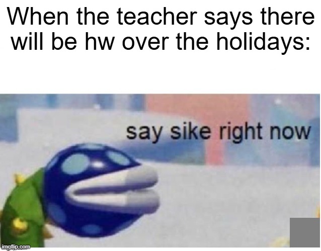 say sike right now | When the teacher says there will be hw over the holidays: | image tagged in say sike right now | made w/ Imgflip meme maker