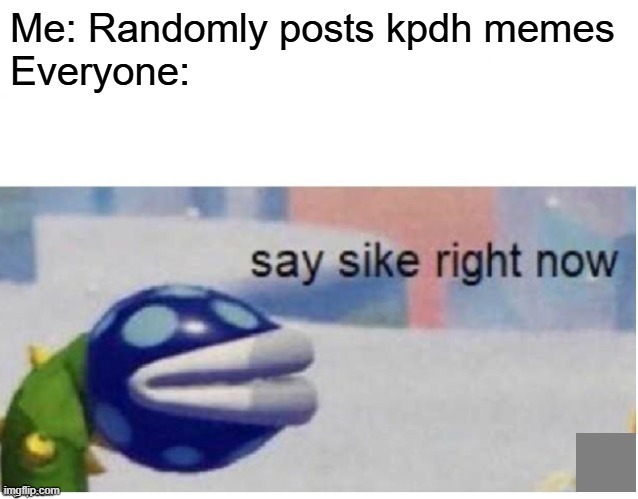 say sike right now | Me: Randomly posts kpdh memes
Everyone: | image tagged in say sike right now | made w/ Imgflip meme maker