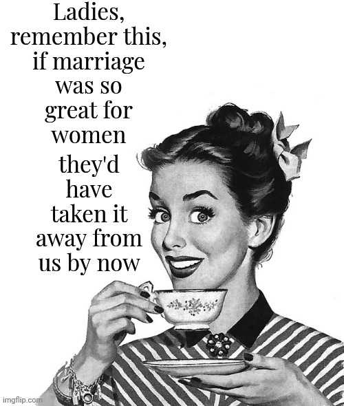 The Patriarchy Sucks | Ladies, remember this,
if marriage
was so
great for
women; they'd have taken it away from us by now | image tagged in retro woman teacup,women vs men,memes,marriage,patriarchy,identity politics | made w/ Imgflip meme maker