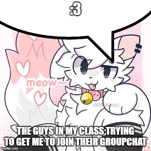 Furry groupchat | :3; The guys in my class trying to get me to join their groupchat | image tagged in femboy boykisser speech bubble | made w/ Imgflip meme maker