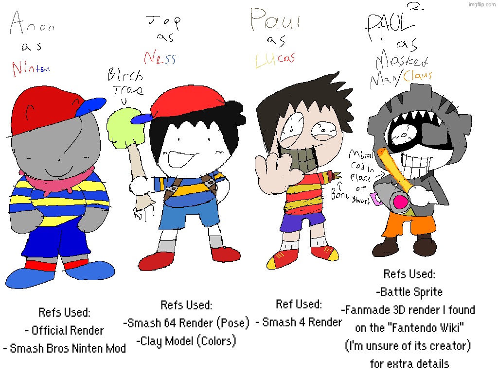 I drew some of my characters as the Mother/Earthbound protags and I'm very happy with how it turned out! :D | made w/ Imgflip meme maker