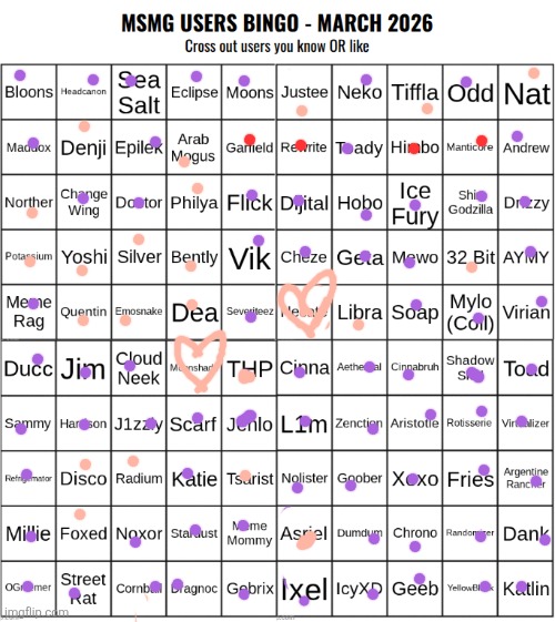pink is peak ppl, ourple is good ppl | image tagged in msmg users bingo march 2026 | made w/ Imgflip meme maker