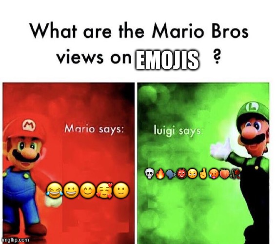 Mario Bros Views | Emojis; 💀🔥🗣️👹🫩🤞🥵🍑🥀; 😂😀😊🥰🙂 | image tagged in mario bros views | made w/ Imgflip meme maker