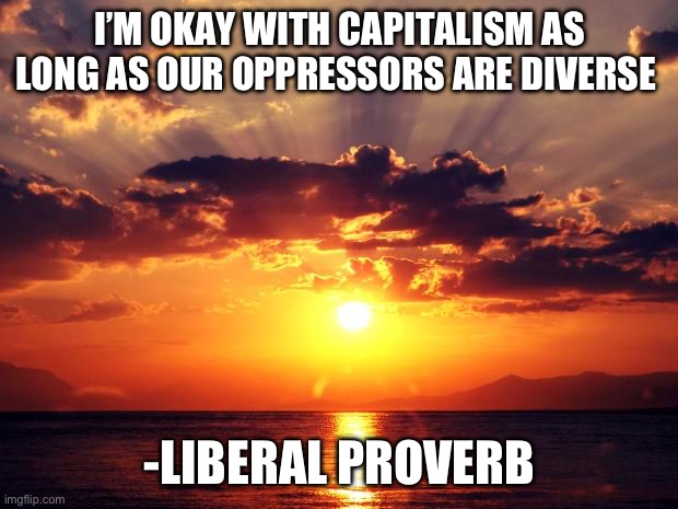 Sunset | I’m okay with capitalism as long as our oppressors are diverse; -Liberal proverb | image tagged in sunset | made w/ Imgflip meme maker