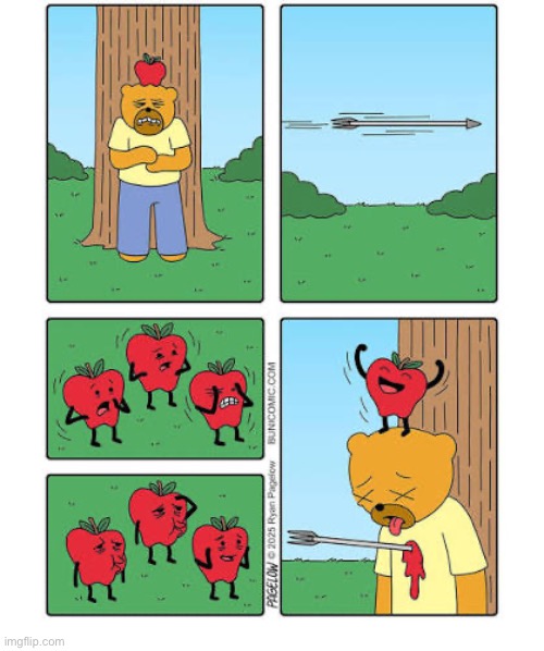 Oops… | image tagged in comics,buni comics,bear,apples,arrow,shot | made w/ Imgflip meme maker