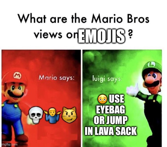Mario Bros Views | emojis; 💀🤷‍♂️😼; 🫩 use eyebag or jump in lava sack | image tagged in mario bros views | made w/ Imgflip meme maker