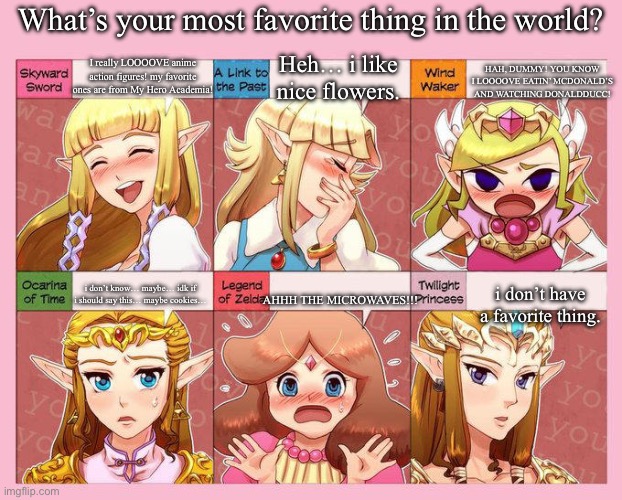 THE THIRD & THE LAST ONE ?????? | What’s your most favorite thing in the world? I really LOOOOVE anime action figures! my favorite ones are from My Hero Academia! Heh… i like nice flowers. HAH, DUMMY! YOU KNOW I LOOOOVE EATIN’ MCDONALD’S AND WATCHING DONALDDUCC! i don’t know… maybe… idk if i should say this… maybe cookies…; AHHH THE MICROWAVES!!! i don’t have a favorite thing. | image tagged in zelda's response | made w/ Imgflip meme maker