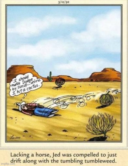 Whichever the wind blows, that’s where he goes… | image tagged in the far side,comics,old west,tumbleweed,drifting,horseless | made w/ Imgflip meme maker