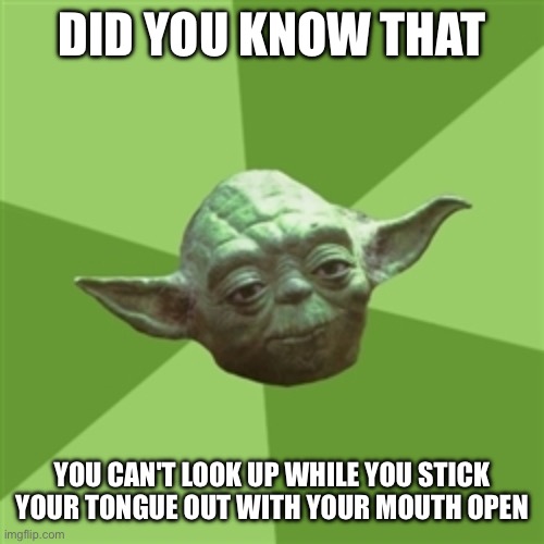 Important info | Did you know that; You can't look up while you stick your tongue out with your mouth open | image tagged in memes,advice yoda | made w/ Imgflip meme maker