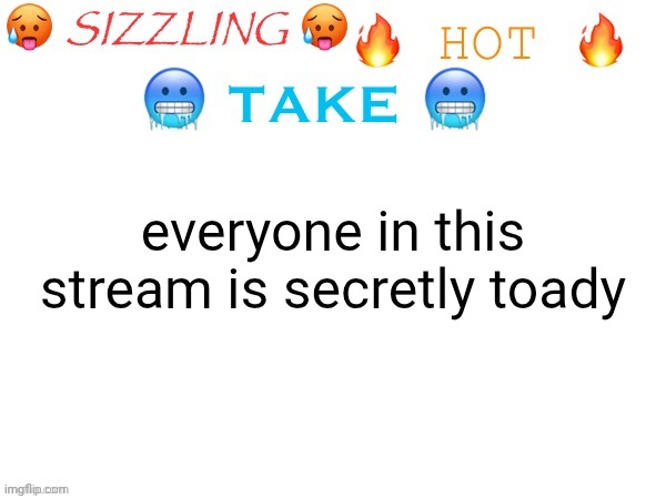 cold ass take | everyone in this stream is secretly toady | image tagged in sizzling hot take | made w/ Imgflip meme maker