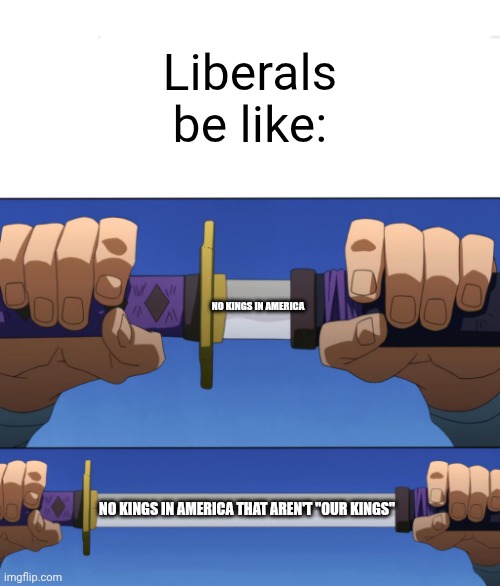 Unsheathing Sword | Liberals be like:; No kings in America; No kings in America that aren't "our kings" | image tagged in unsheathing sword | made w/ Imgflip meme maker