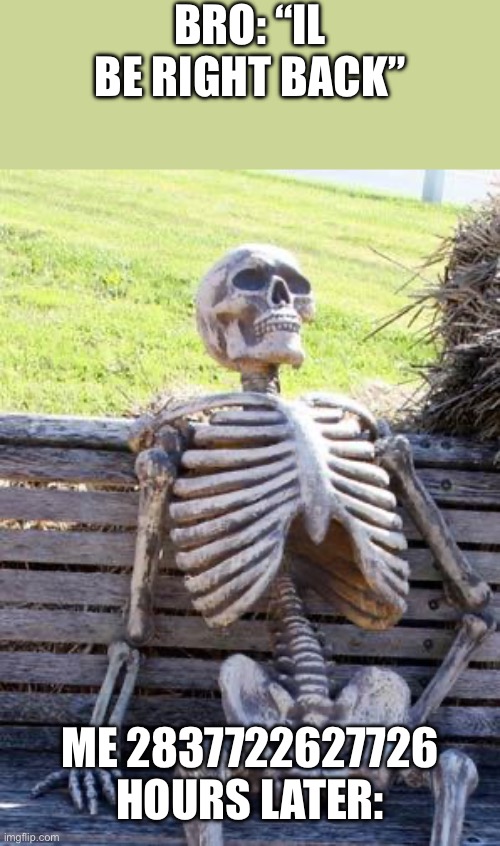 bro forgot to come back | bro: “il be right back”; me 2837722627726 hours later: | image tagged in memes,waiting skeleton,waiting,funny,bro | made w/ Imgflip meme maker