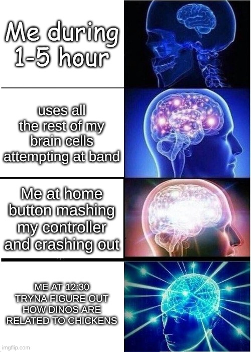 My brain | Me during 1-5 hour; uses all the rest of my brain cells attempting at band; Me at home button mashing my controller and crashing out; Me at 12:30 tryna figure out how dinos are related to chickens | image tagged in memes,expanding brain | made w/ Imgflip meme maker