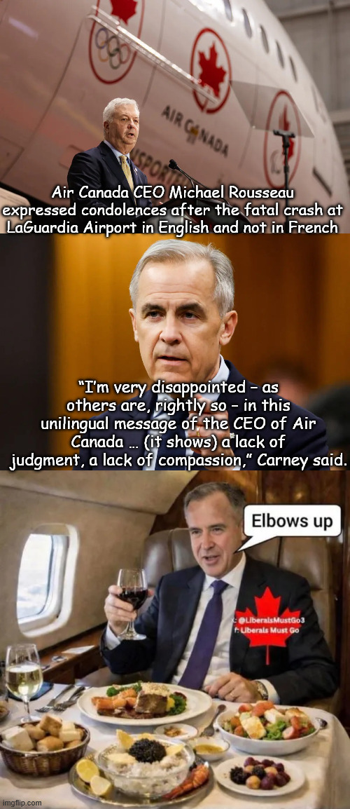 Elbows up | Air Canada CEO Michael Rousseau expressed condolences after the fatal crash at LaGuardia Airport in English and not in French; “I’m very disappointed – as others are, rightly so – in this unilingual message of the CEO of Air Canada … (it shows) a lack of judgment, a lack of compassion,” Carney said. | image tagged in canada,elbows up | made w/ Imgflip meme maker