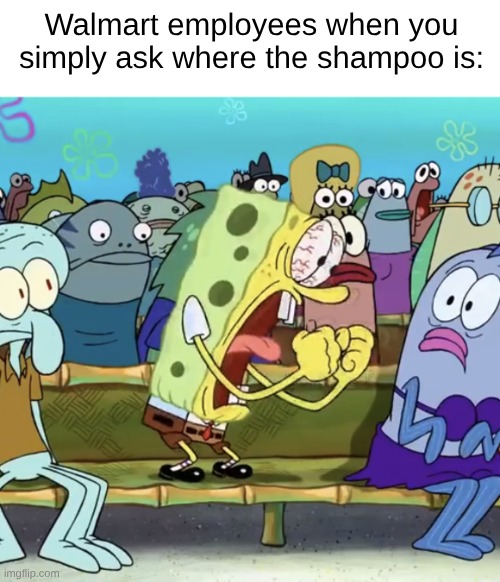 Why are they always so rude for no reason? | Walmart employees when you simply ask where the shampoo is: | image tagged in spongebob yelling,walmart | made w/ Imgflip meme maker