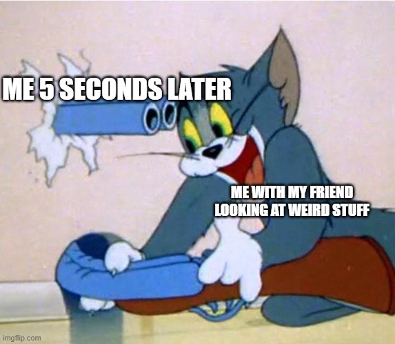 weird stuff | me 5 seconds later; me with my friend looking at weird stuff | image tagged in tom and jerry gun | made w/ Imgflip meme maker